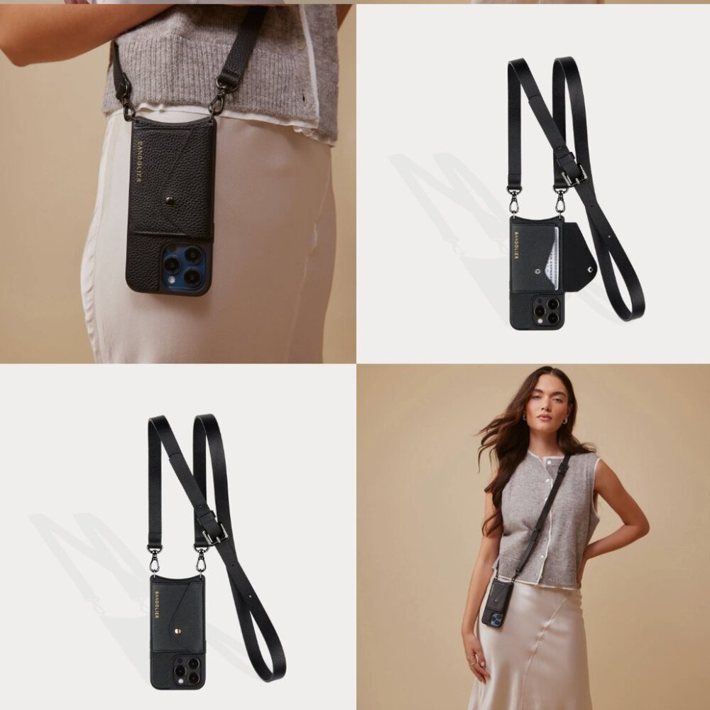 * Brand New Bandolier* HAILEY Crossbody iPhone 15 pro Phone Case in Black/Pewter
